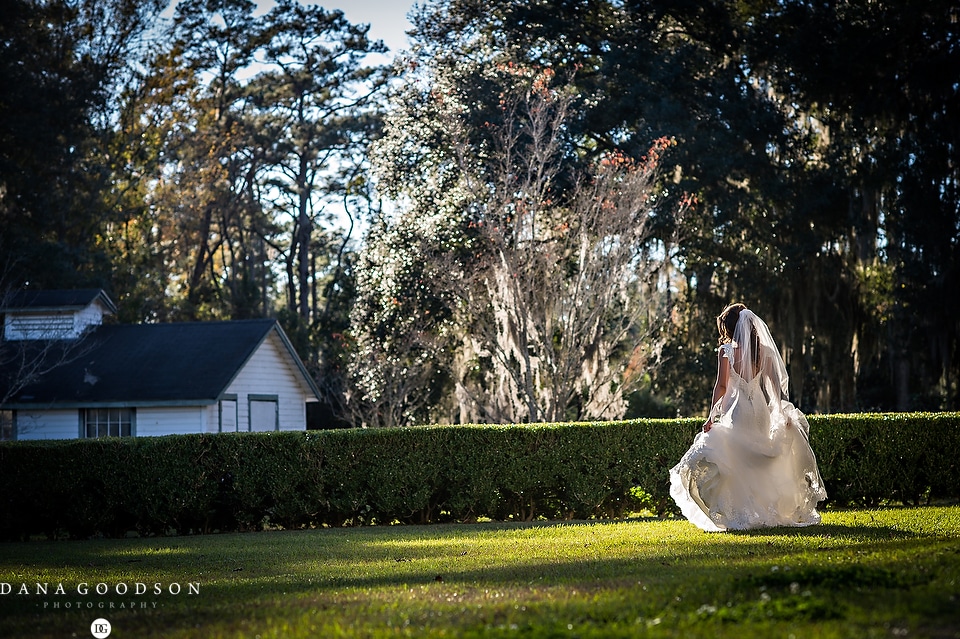 Pebble Hill Plantation Wedding with Bridal Photos in Beautiful Gown and Veil in Sunset