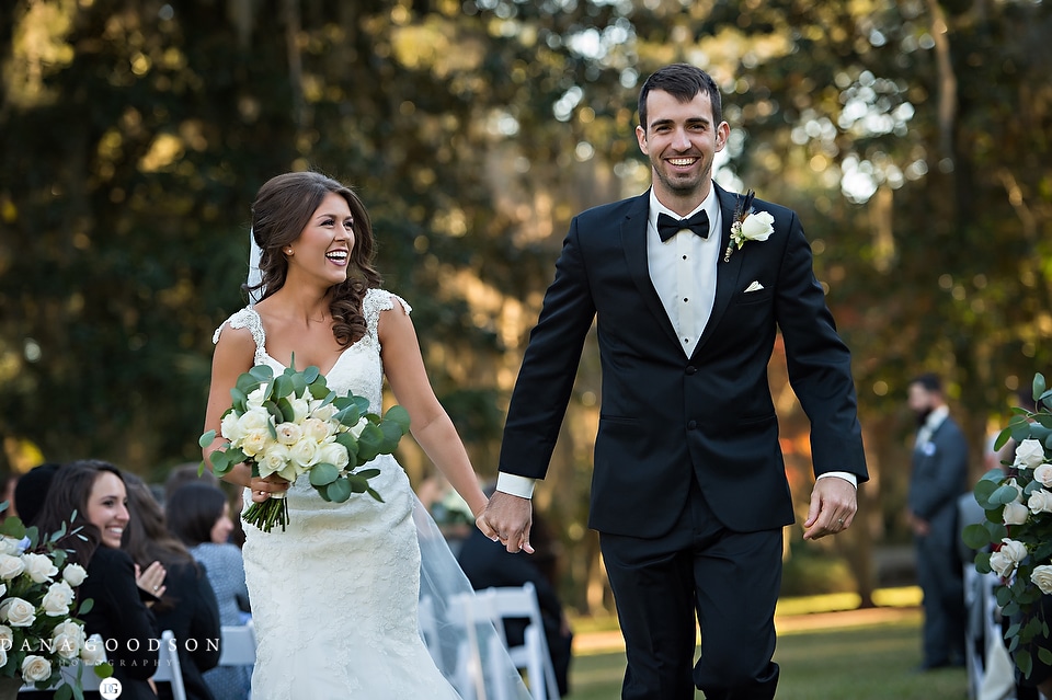 Pebble Hill Plantation Wedding Ceremony Recessional with Bride and Groom Smiling 